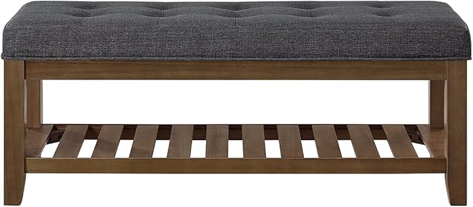 24KF Large Rectangular Upholstered Tufted Linen Fabric Ottoman Bench, Padded Bench with Solid Wood Shelf-Charcoal