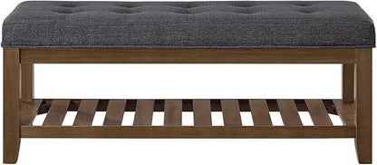 24KF Large Rectangular Upholstered Tufted Linen Fabric Ottoman Bench, Padded Bench with Solid Wood Shelf-Charcoal