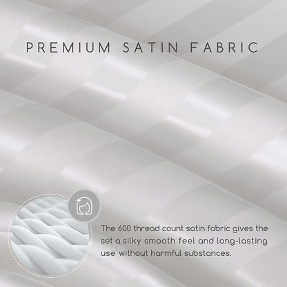 MR&HM Satin Bed Sheets, Queen Size Sheets Set, 4 Pcs Silky Bedding Set with 15 Inches Deep Pocket for Mattress (Queen, Ivory Striped)