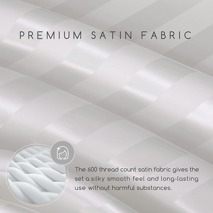 MR&HM Satin Bed Sheets, Twin Size Sheets Set, 3 Pcs Silky Bedding Set with 15 Inches Deep Pocket for Mattress (Twin, Ivory Striped)