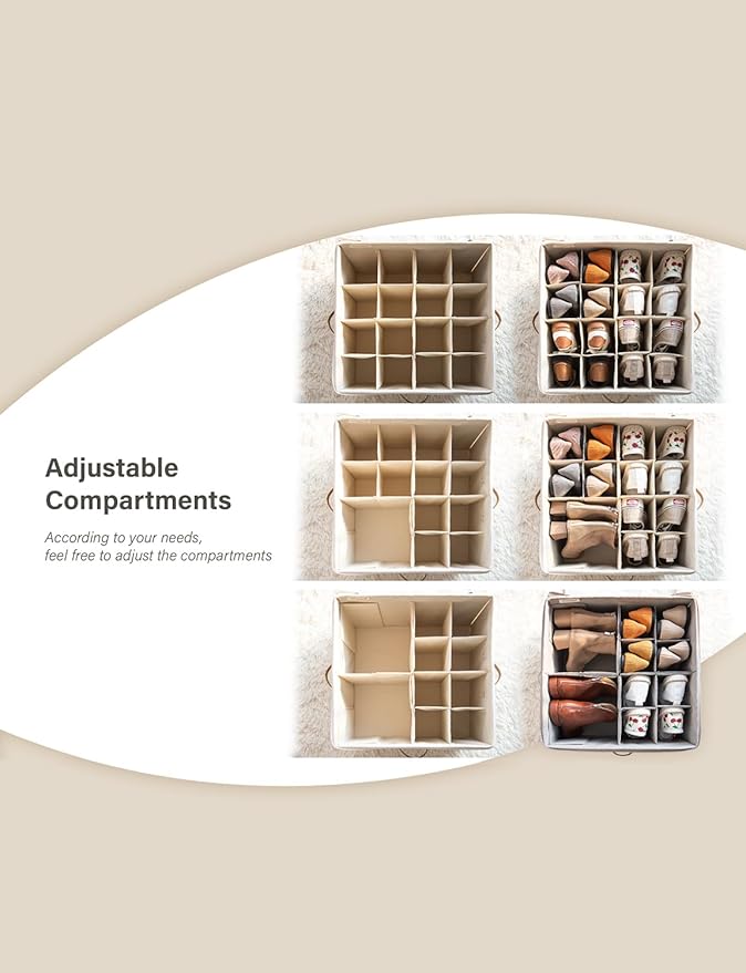 StorageWorks Shoe Organizer for Closet, Fits up to 16 Pairs, Shoe Cubby Storage Containers with Adjustable Dividers and Clear Cover, Mixing of Brown & Beige