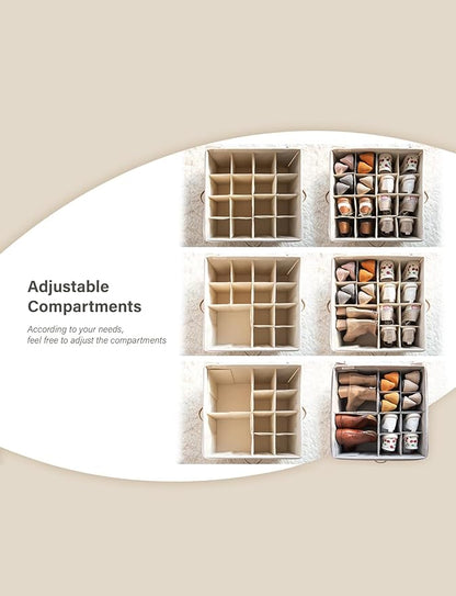 StorageWorks Shoe Organizer for Closet, Fits up to 16 Pairs, Shoe Cubby Storage Containers with Adjustable Dividers and Clear Cover, Beige
