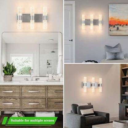 Modern Vanity Light, LED Vanity Light Fixture Brushed Nickel, Crystal Bathroom Lighting Fixtures over Mirror, Wall Lighting Fixtures for Bath, Wall Sconce for Bedroom Living Room, 27W 3000K Warm White