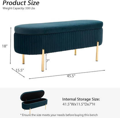 Velvet Storage Bench for Bedroom Upholstered End of Bed Bench Modern Ottoman with Gold Legs for Living Room/Window/Entryway (Teal/Blue-Green, Oval-45.5" W)