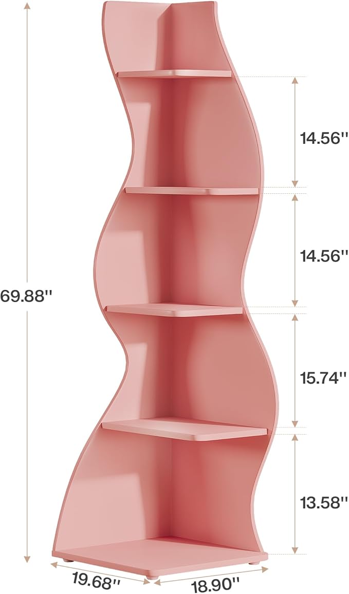 Tribesigns Wavy Corner Shelf, Modern 5-Tier Bookshelf Bookcase with Curvy Shape, Unique Plant Stand Display Rack for Living Room Small Space (Pink)