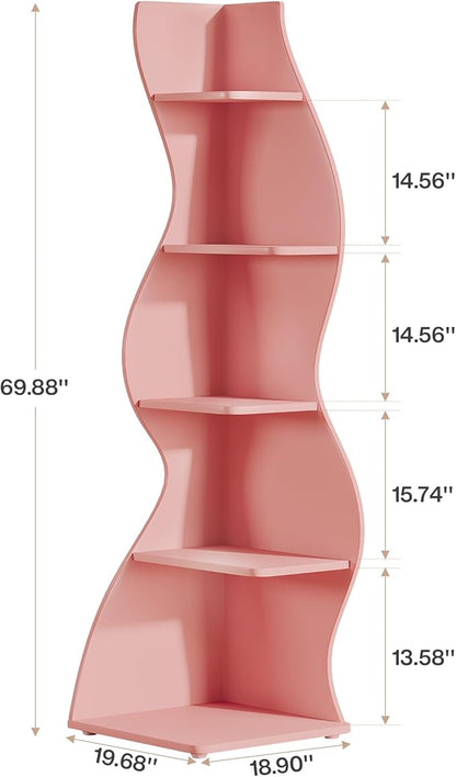 Tribesigns Wavy Corner Shelf, Modern 5-Tier Bookshelf Bookcase with Curvy Shape, Unique Plant Stand Display Rack for Living Room Small Space (Pink)