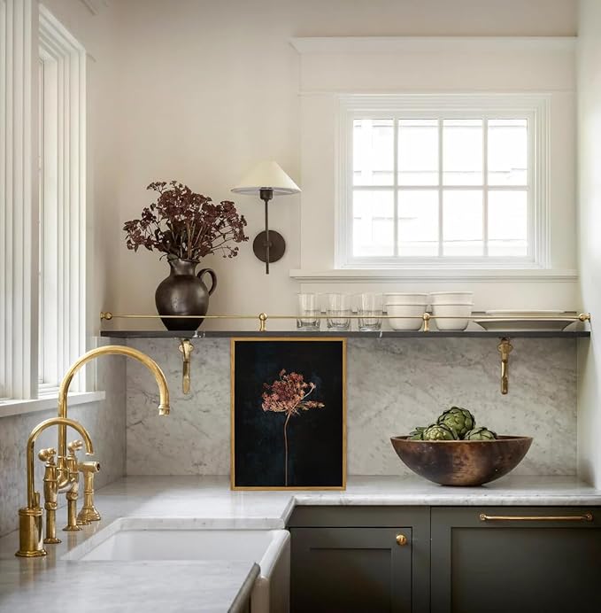 KBKBART Framed Vintage Wall Art Prints, Retro Moody Floral Botanical Canvas Painting Farmhouse Decor, Black Dark Classical Flower Framed Canvas Wall Art for Bathroom, Bedroom, Living Room(11"x14")