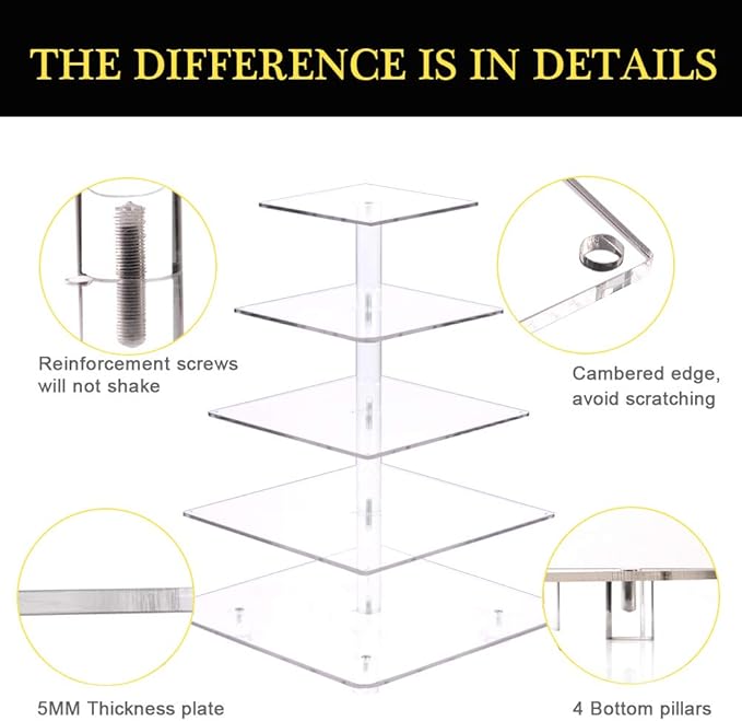 YestBuy Cupcake Stand - Premium Cupcake Holder - Acrylic Cupcake Tower Display - Cady Bar Party Décor - 5 Tier Acrylic Display for Pastry + LED Light String - Ideal for Weddings, Birthday Parties