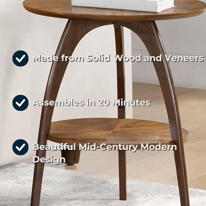 Martin Svensson Home LAX Retro Mid-Century Modern Round Wood End Table, Solid Grain Side Table with Lower Shelf, Small Accent Table for Living Room or Nightstand. Caramel Brown Top & Walnut Legs