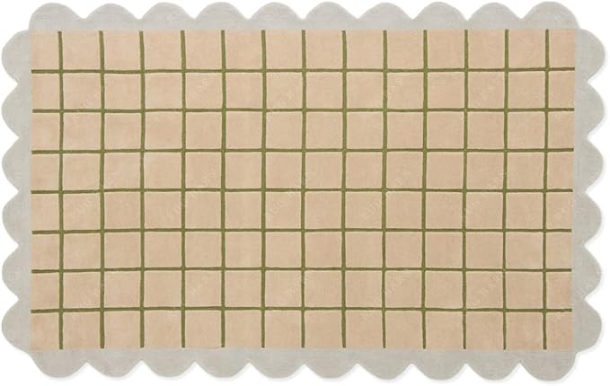 Scalloped Border Wool Area Rug with Windowpane Grid, Hand-Tufted, Beige-Blush with Sage Lines & Light Purple Edge - Soft High-Low Pile for Living Room, Bedroom, Nursery - 4x6 Ft