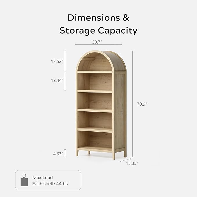 71" Tall Arched Bookcase, 5 Tier Bookshelf with Adjustable Shelves Wood Storage Cabinet Freestanding Display Kitchen Pantry for Living Room Home Office, Light Oak