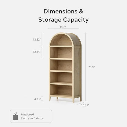 71" Tall Arched Bookcase, 5 Tier Bookshelf with Adjustable Shelves Wood Storage Cabinet Freestanding Display Kitchen Pantry for Living Room Home Office, Light Oak
