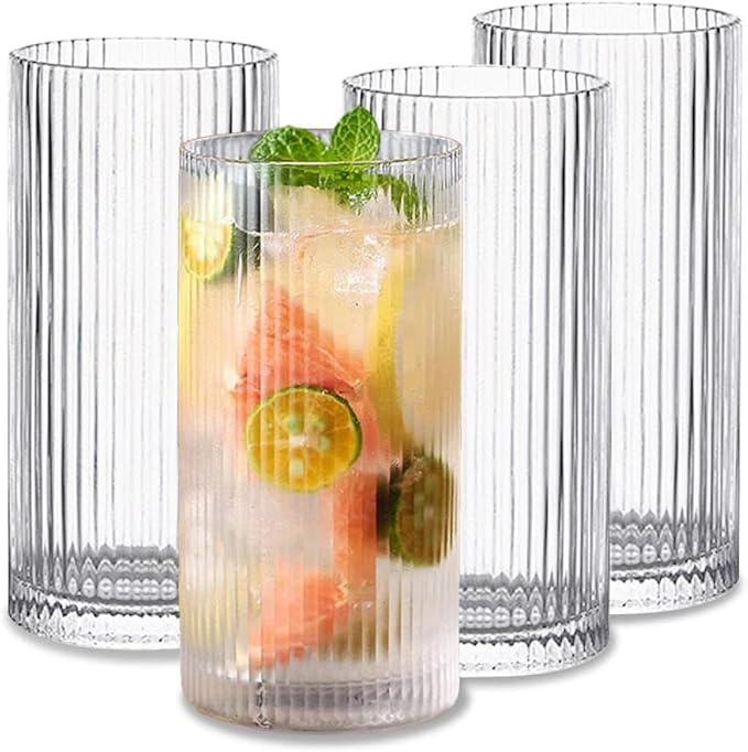 Striped Glass Cups Set of 4b12.5oz Textured Drinking Glasses Durable Thick Glassware for Juice Iced Tea & Smoothies