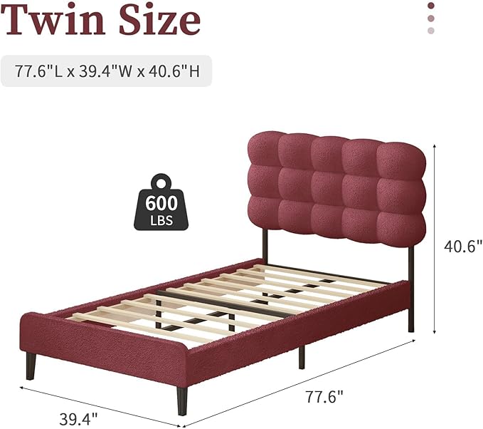 BarnFurin Twin Bed Frame with Upholstered Headboard, Teddy Soft Boucle Fabric, Platform Bed with Strong Wooden Slats Support, Two Bed Forms Design, No Boxing Spring Needed, Easy Assembly, Rose