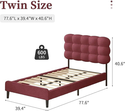 BarnFurin Twin Bed Frame with Upholstered Headboard, Teddy Soft Boucle Fabric, Platform Bed with Strong Wooden Slats Support, Two Bed Forms Design, No Boxing Spring Needed, Easy Assembly, Rose