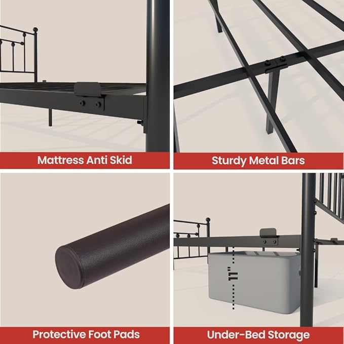 Golden Gate Beds Victorian Style Metal Platform Bed Frame with Antique Wrought Iron-Art Headboard and Footboard, Classic Cama Steel Mattress Foundation, No Box Spring Needed, California King, Black