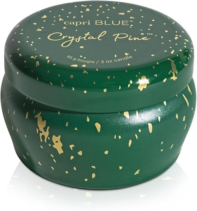 Capri Blue Glimmer Mini Tin - Crystal Pine Scented Candle with Mini Tin Candle - Soy Wax Blend - Capri Blue Crystal Pine Emerald Green and Gold (3 oz)
