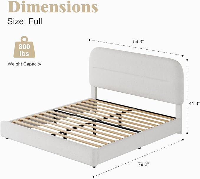 Full Size Bed Frame, Boucle Upholstered Bed Frame Full with Headboard and Thickened Footboard, Rounded Corners, No Box Spring Needed, Easy Assembly, White