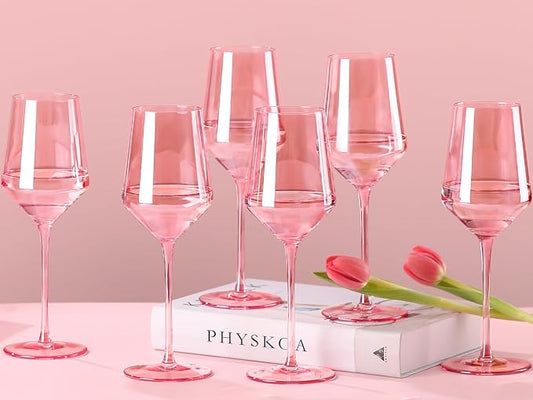 Physkoa Pink Wine Glasses Set of 6-15oz Hand Blown Crystal Colored Wine Glasses with Long Stem, Wedding, Birthday, Christmas Valentines Day Glassware Gifts for Lovers