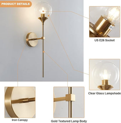 KCO Lighting Vanity Clear Bubble Glass Wall Lights Modern Globe Round Sconces Wall Lighting Brushed Brass Long Wall Sconce Mid Century Bar Bathroom Wall Lamp (Clear)