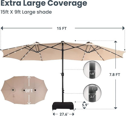 PHI VILLA 15ft Large Patio Umbrella with Base & Solar Lights, Double-Sided Outdoor Rectangle Umbrellas with 36 LED Lights, Umbrella for Outside with Stand, Beige