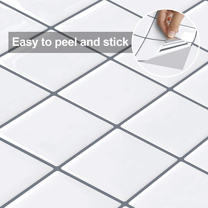 Alwayspon 10 Sheets 10"x10" White 3D Vinyl Backsplash Tiles, Self-Adhesive Peel and Stick Wall Tile Stickers Stick on Subway Tiles for Kitchen Bathroom Wall