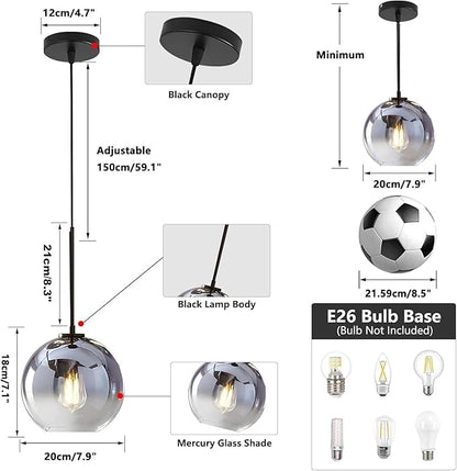 KCO Lighting Modern Black Globe Pendant Light Mercury Glass Ceiling Pendant Light Mid Century Silver Kitchen Pendant Lighting Over Island Dining Room Light Fixtures Over Table