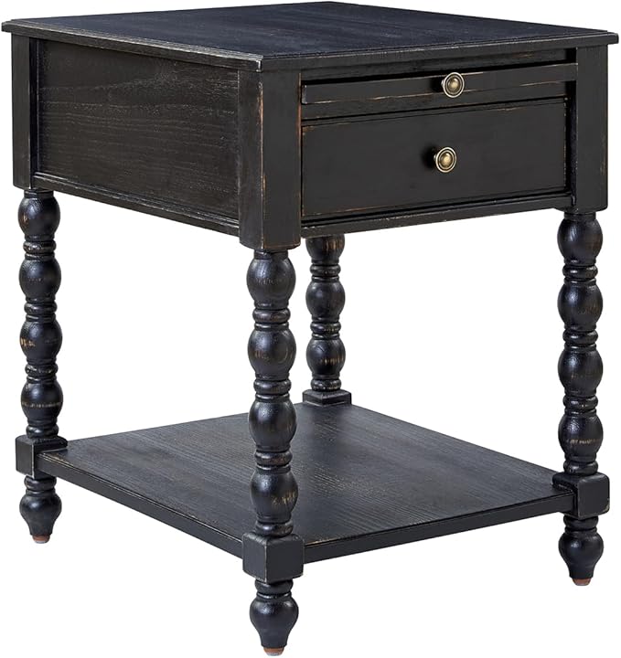 HULALA HOME Spindle Nightstands with Charging Station, Solid Wood Nightstand with Drawer Shelf, Side Table with Pull-Out Shelf (Charcoal)