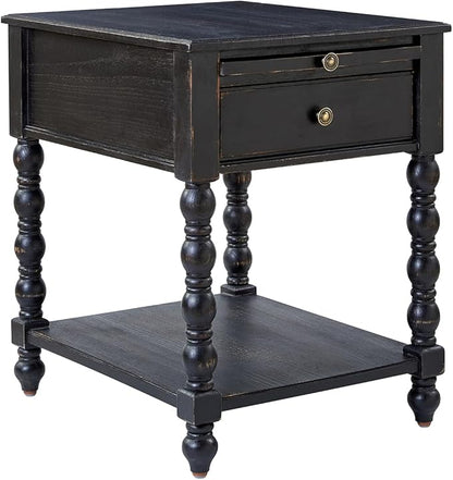 HULALA HOME Spindle Nightstands with Charging Station, Solid Wood Nightstand with Drawer Shelf, Side Table with Pull-Out Shelf (Charcoal)