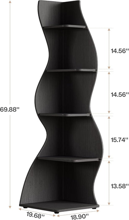 Tribesigns Wavy Corner Shelf, Modern 5-Tier Bookshelf Bookcase with Curvy Shape, Unique Plant Stand Display Rack for Living Room Small Space (Black)
