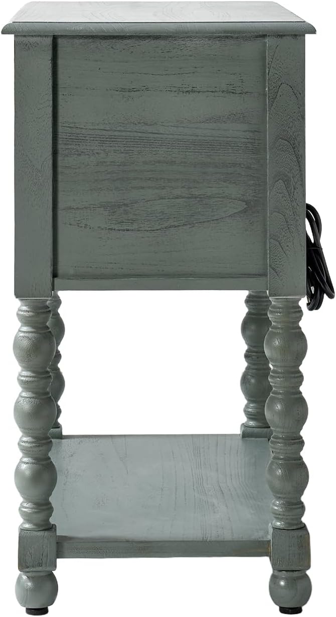 HULALA HOME Farmhouse Storage End Table with 2 Drawers and Open Shelf, Solid Wood Side Table with Spindle Legs, Nightstand with Charging Station (Blue)