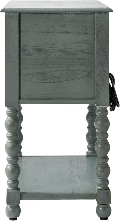 HULALA HOME Farmhouse Storage End Table with 2 Drawers and Open Shelf, Solid Wood Side Table with Spindle Legs, Nightstand with Charging Station (Blue)