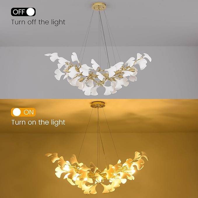 Modern Gold and White Tree Branch Chandeliers for Dining Room,36" Rectangle Ceramic Ginkgo Leaf Chandelier, Dining Chandelier,Linear Chandeliers for Dining Room, Living,Kitchen