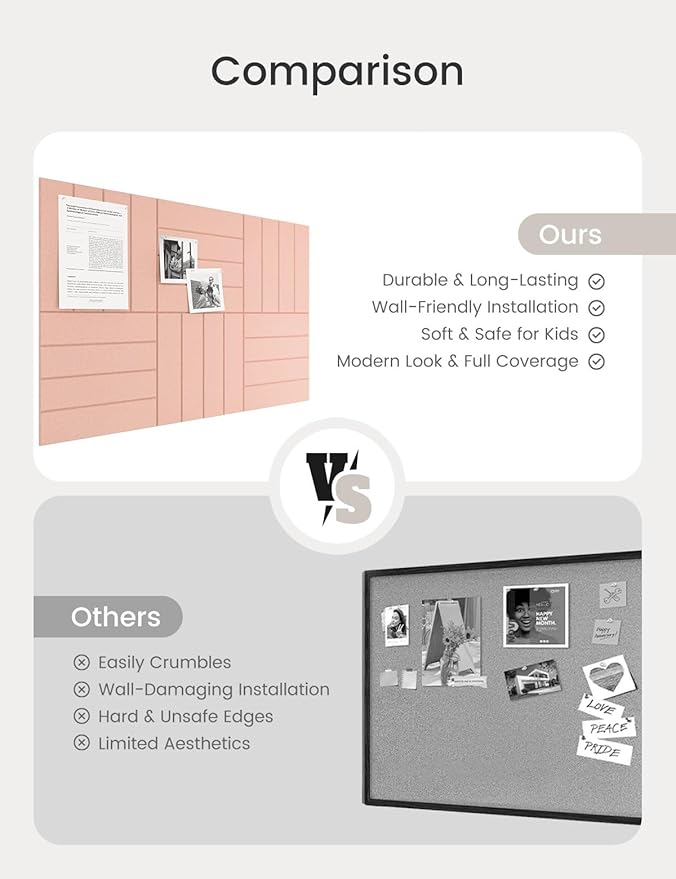 Bumusty Large Cork Board Alternative-36 x24 Felt Bulletin Board Tiles, with 30 Pushpins, 40 Adhesive Tabs, 6-Pack Slat Wall Paneling, Cork Boards for Office Push Pin Board Felt Board-Pink