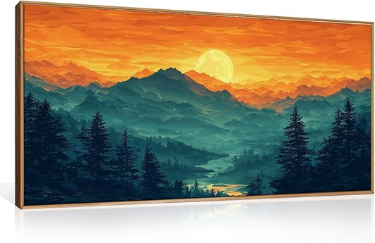 HOURIA Large Sunrise Mountain Forest Landscape Framed Canvas Wall Art Set,Orange Sky Green Ridge Wall Decor,Nature Pine Tree Artwork,Boho Watercolor Art Print for Living Room, Bedroom- 40"x20"x1