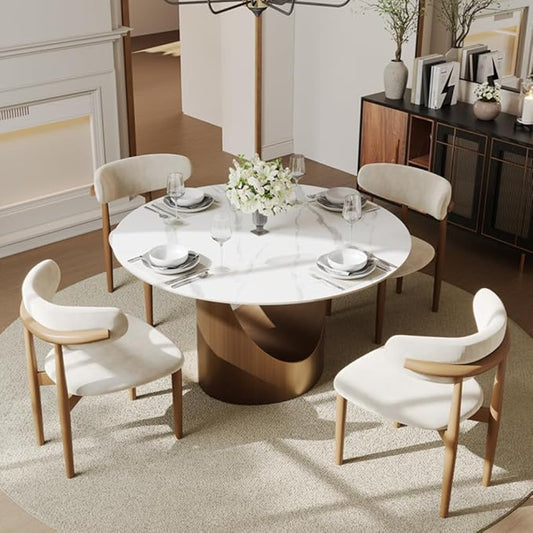 POVISON Round Dining Table, 51" Matte White Sintered Stone Top Dining Table with Bronze Carbon Steel Pedestal, Modern Dining Room Table for Kitchen, Living Room (Table Only)
