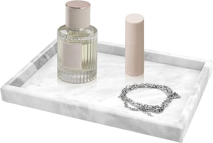 Marble Bathroom Tray,Pure Natural Marble Vanity Tray,Marble Tray for Kitchen Counter Non-Ceramic/Non-Resin,Stone Tray 12 x 8 inch (White)