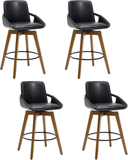 Mid-Century Swivel Bar Stools Set of 4, 26.5 inch Counter Height Barstools PU Leather Bar Chairs with Wooden Frame for Kitchen Island Dining Room, Black