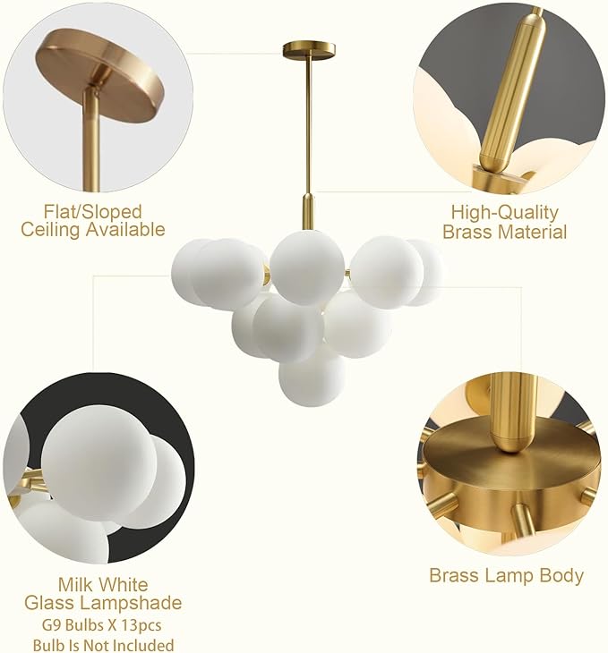 Mid Century Modern Chandelier 13-Light Brass Gold Pendant Lighting Fixture for Dining Room, Kitchen Island, Bedroom, Living Room