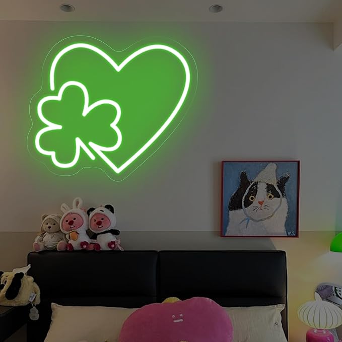 Clover Leaf Heart LED Neon Sign,St. Patrick Shamrock Neon Light, Saint Patricks Day Gift,Lucky Four Leaf Led Sign Wall Hanging For Party Favors, Classroom, Man Cave Bar Pub Home Party Room