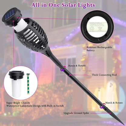 12Pack Purple Solar Torch Lights for Outdoor Halloween Decorations, Halloween LED Lights for Outdoor Decor, Solar Flame Torches for Outside Decor, Luces Solares for Pathway Garden Yard Decorations