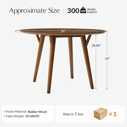 HULALA HOME Round Dining Table for 4, 45” Solid Wood Ktichen Table, Small Dinner Coffee Writing Table for Kitchen Dining Room, Save Space, Walnut