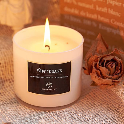 Chloefu LAN White Sage Candle for House Energy Cleansing and Chakra Healing-Relaxing Soy Scented Candles Gift for Women 7.1oz|45 Hour Long Lasting Glass Jar Candle Stress Relief