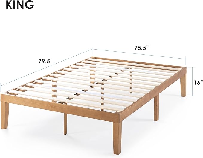 Mellow Naturalista Classic 16 Inch Solid Wood Platform Bed with Wooden Slats, Natural Pine, King