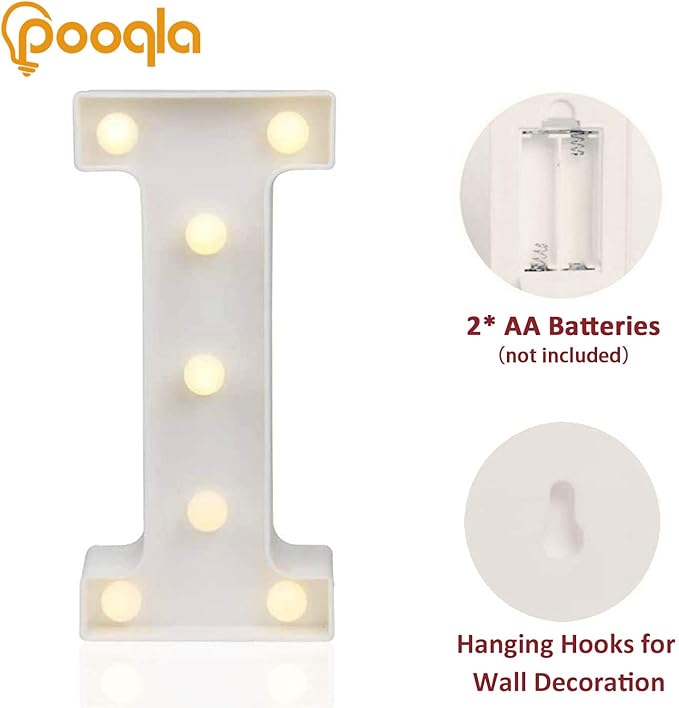 Pooqla LED Marquee Letter Lights Sign, Light Up Alphabet Letter for Home Party Wedding Decoration I