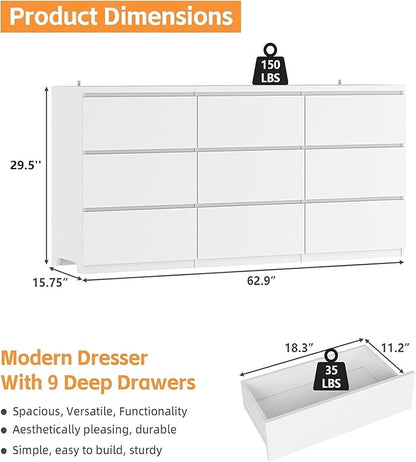 9 Drawers Dresser,Modern Large Wood Dresser,Chest of Drawers for Bedroom, Living Room,Hallway,Entryway,TV Stand Drawer Organizer(White)