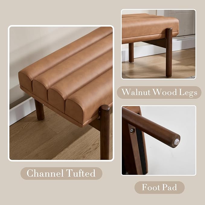 47" Modern Upholstered End of Bed Bench, Brown PU Leather Channel Tufted Entryway Bench with Wood Legs, Comfy Bedroom Bench Long Ottoman for Living Room Hallway Vanity Room