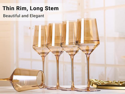 Physkoa Brown/Amber Wine Glasses Set of 6-15oz Hand Blown Crystal Colored Wine Glasses with Long Stem, Wedding, Birthday, Valentines Day Glassware