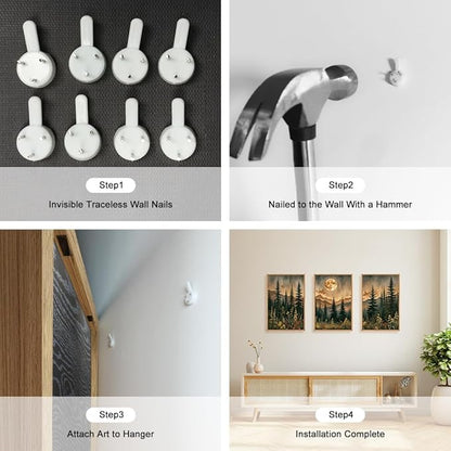 HOURIA Nature Forest Mountain Framed Canvas Wall Art Set,Moonlight Pine Tree Flower Wall Decor,Wilderness Field Wall Painting,Vintage Botanical Art Prints for Living Room,Bedroom,Farmhouse-16 x24 x3