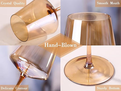 Physkoa Amber Wine Glasses Set of 6-16oz Hand-Blown Amber Wine Glass with Long Stem Unique Red&White Wine Glasses For Party Home Bar Christmas